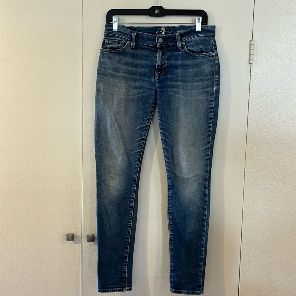 Seven’s med/light wash tapered w/ stretch (*small stain back pocket in last pic)